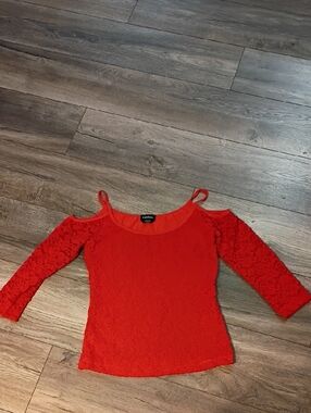 bebe Red Lace Cold-Shoulder Top
